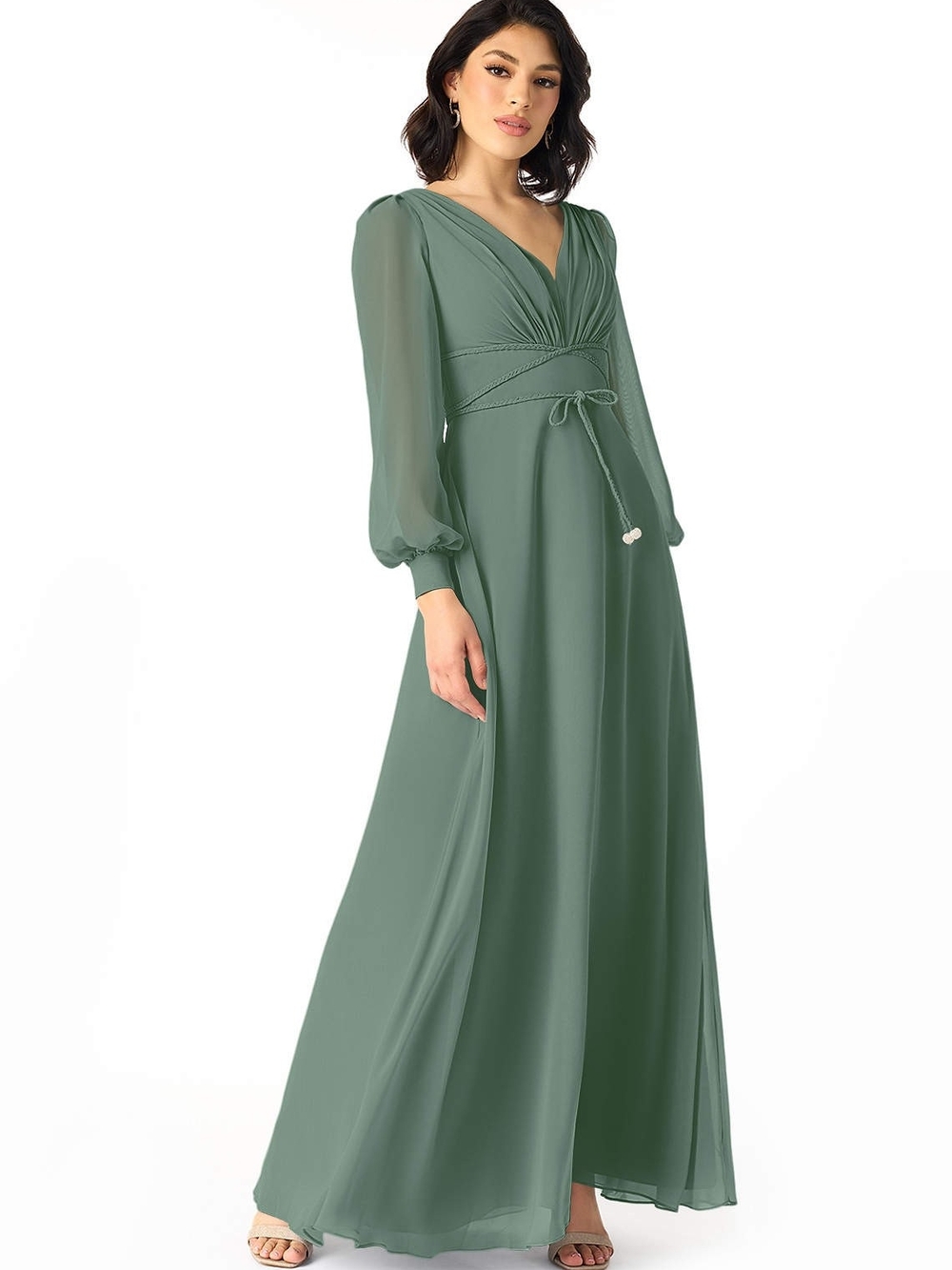 Azazie Sage Green V-Neck Maxi Dress with Sheer Bishop Sleeves